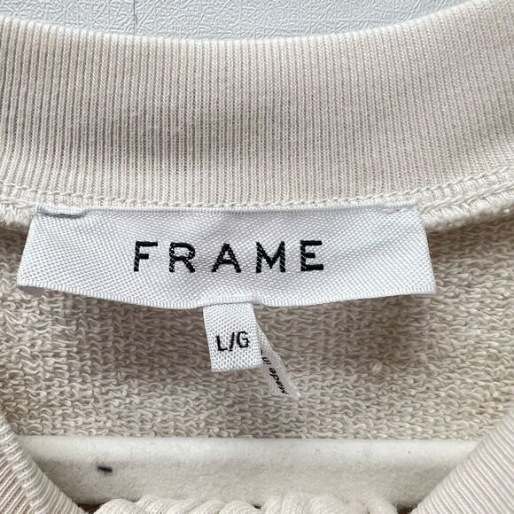 Frame Women’s Large Gathered French Terry Cotton Crewneck Sweater Ivory Bone - Picture 10 of 15